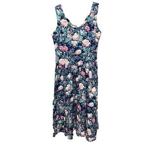 Vintage 90s Floral Cottage Retro Midi Dress Navy Blue Rose‎ Print Size 11/12